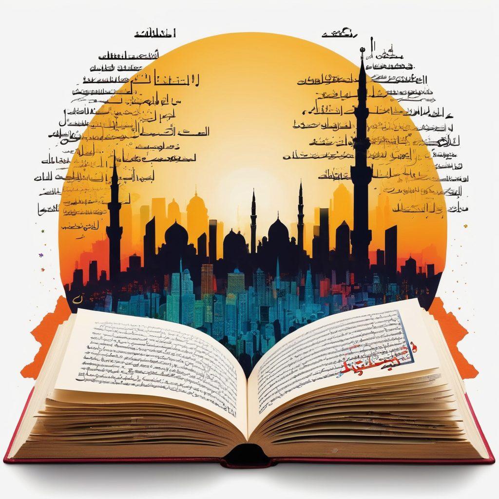 A visually engaging collage featuring an open Arabic textbook with beautifully handwritten sentences, alongside colorful vocabulary flashcards scattered around. In the backdrop, a silhouette of a city skyline with minarets represents Arabic culture, and an illustration of a brain filled with traditional Arabic calligraphy symbolizes knowledge and brilliance. Use warm, inviting colors. super-realistic. vibrant colors. white background.
