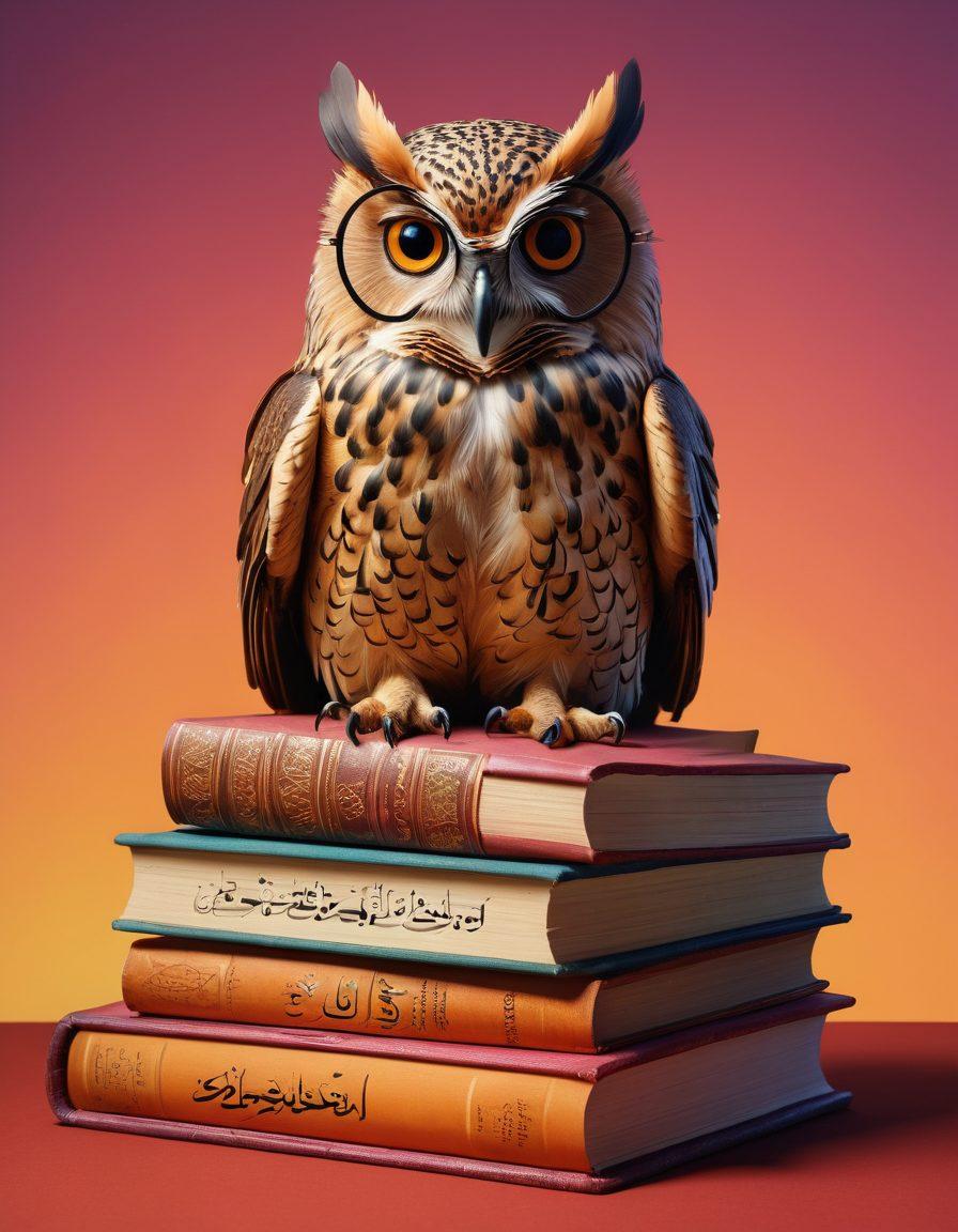 A visually engaging collage of Arabic calligraphy and grammar books surrounded by colorful grammar tips and symbols, with a wise old owl wearing glasses perched on a stack of books, symbolizing wisdom in learning. The background features a gradient of rich, warm colors, invoking a sense of cultural depth and knowledge. super-realistic. vibrant colors. 3D.