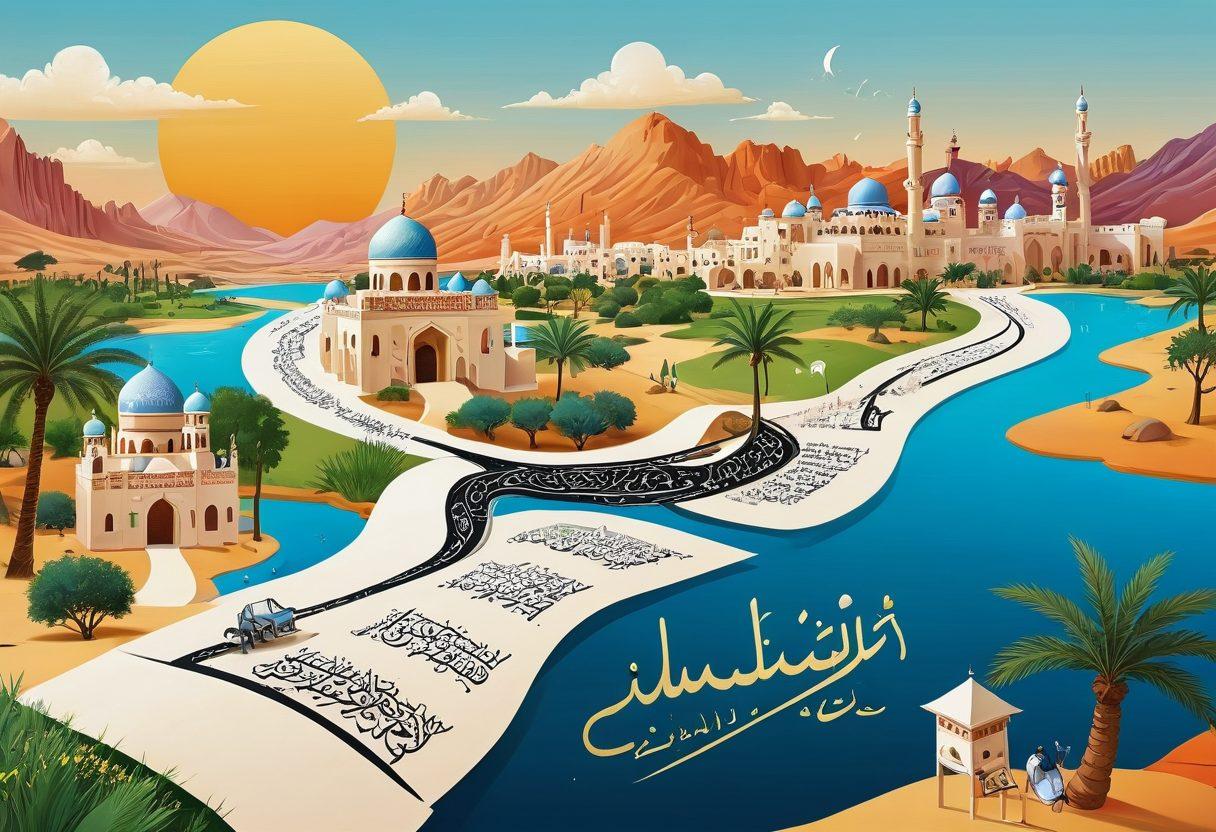 A detailed roadmap depicting different stages of learning Arabic writing and comprehension, with landmarks like a pen, an open book, and Arabic letters sparkling along the path. Include elements representing tips, like speech bubbles with advice, and a friendly guide character assisting a learner. The background should feature a beautiful Arabic calligraphy design and vibrant landscapes symbolizing knowledge and culture. vibrant colors. digital art. illustration.